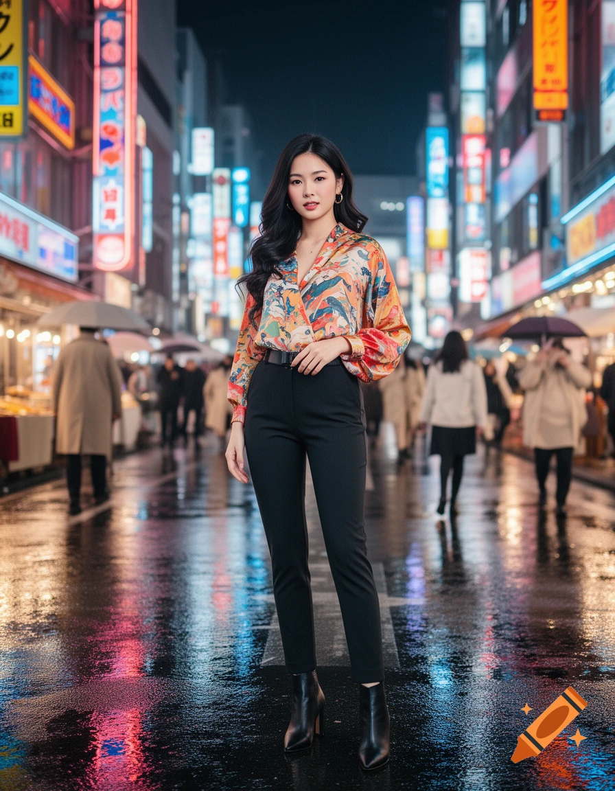 A woman in a colorful patterned blouse and black pants stands on a wet city street at night, surrounded by neon signs and blurred people.