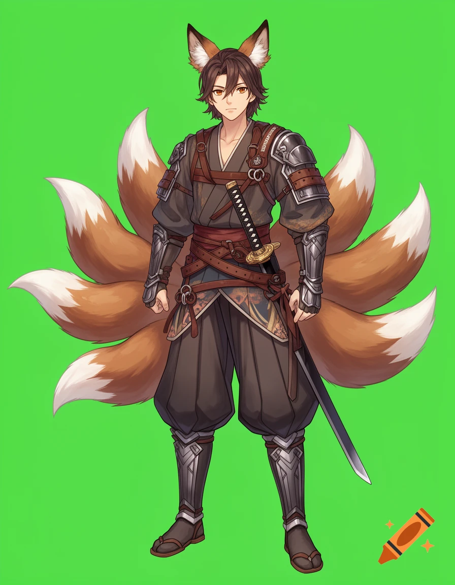 A handsome anime male character with fox ears and multiple tails, wearing samurai-inspired fantasy warrior attire and holding a katana, on a green background.