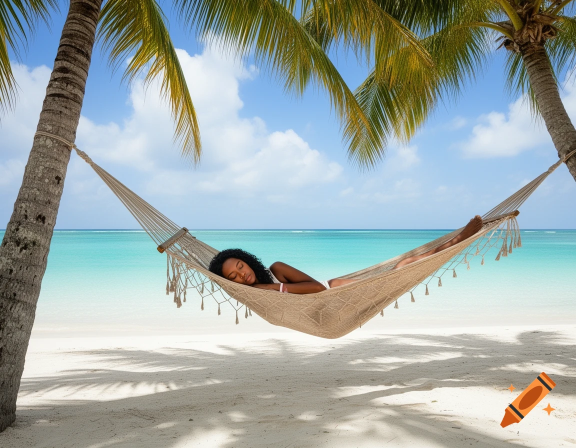 A Black woman sleeps peacefully in a hammock strung between two palm trees on a white sand beach with clear blue water.
