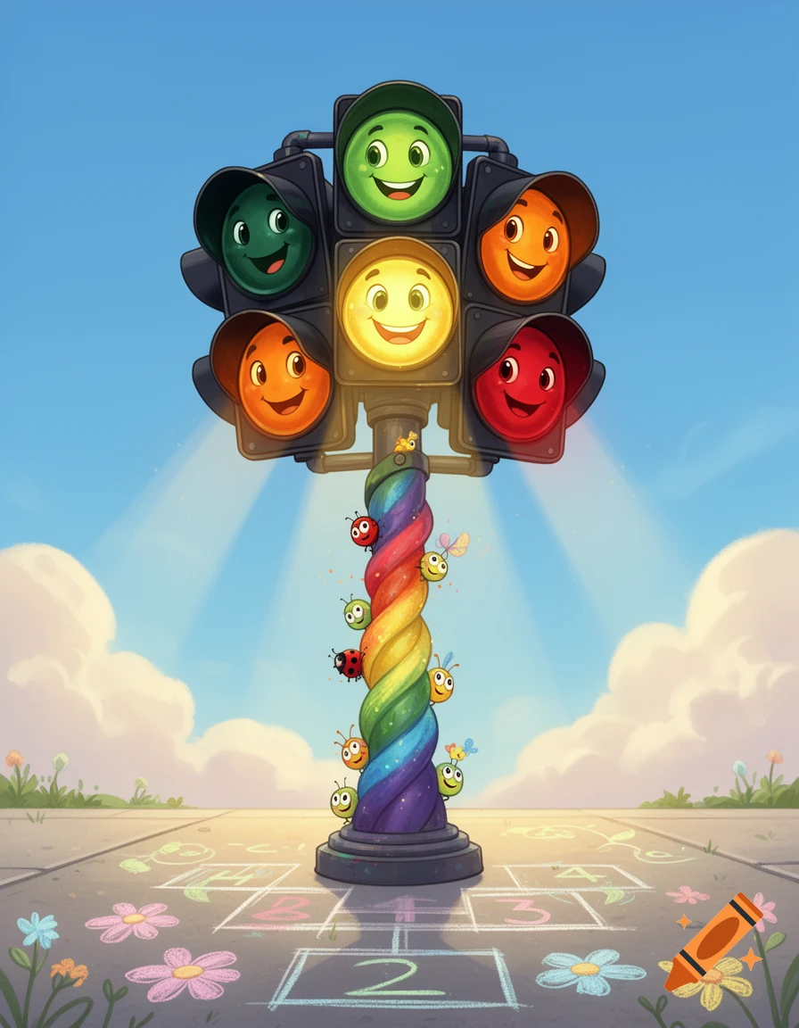 A whimsical cartoon traffic light with smiling green, yellow, orange, and red faces on a rainbow pole stands on a hopscotch court with chalk drawings.