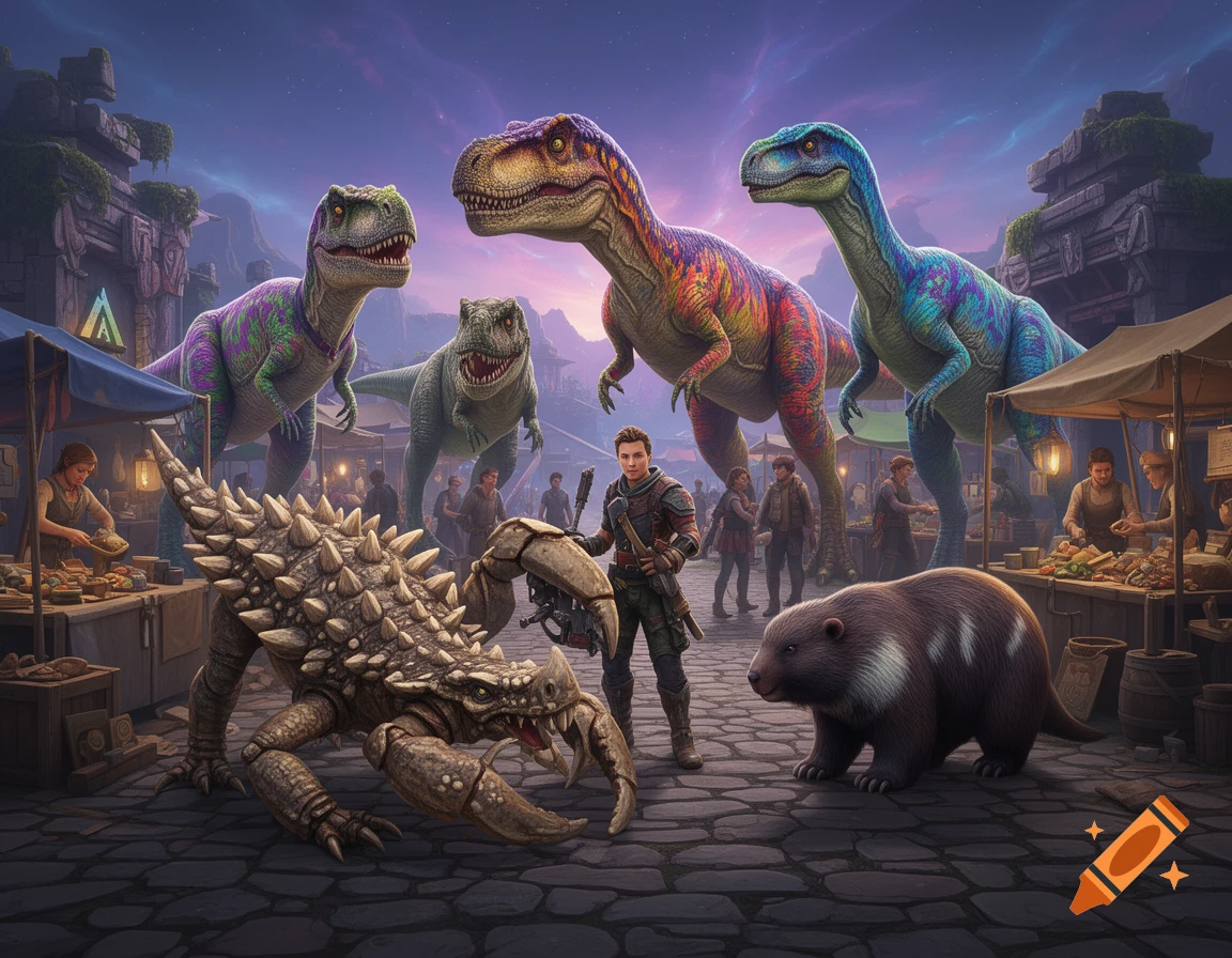A fantasy marketplace scene with various large, colorful dinosaurs and creatures, a human adventurer, and bustling stalls at dusk.