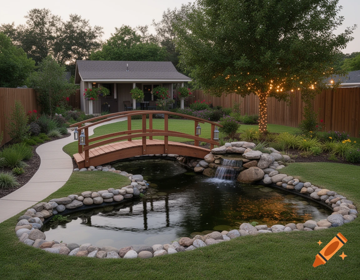 A beautiful backyard features a curved path, a wooden arched bridge over an eco pond with a waterfall, a shed, and a lit tree.