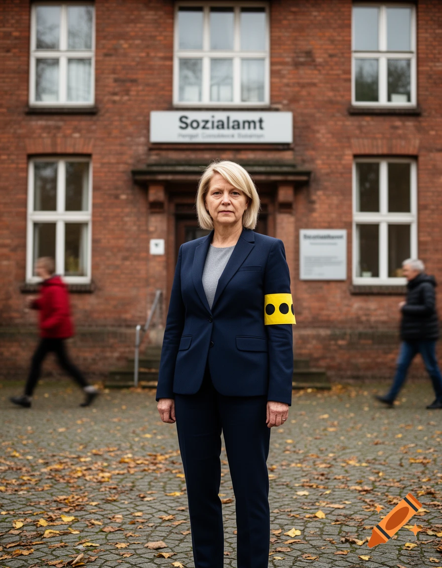 A blonde woman in a navy suit and a yellow armband with black dots stands in front of a red brick building with a "Sozialamt" sign.