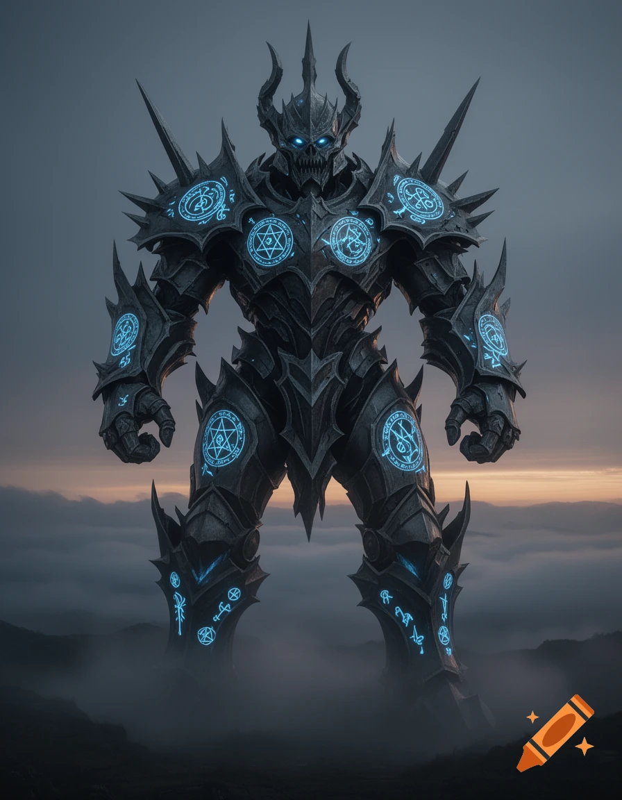 A towering dark metal golem with spiky armor and glowing blue occult symbols stands in a misty landscape at sunset.