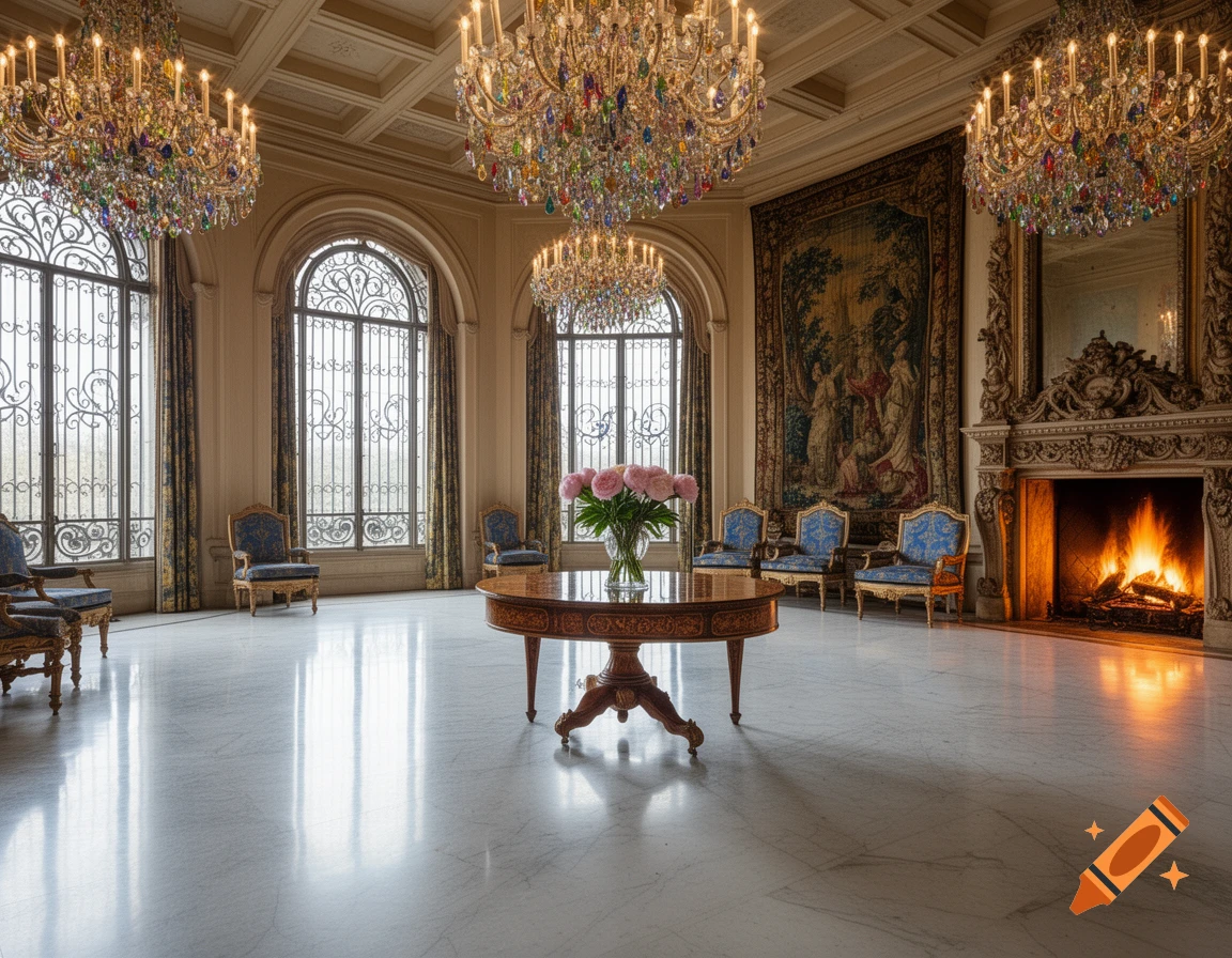 A grand, opulent room with multiple crystal chandeliers, large arched windows, an ornate fireplace, a tapestry, and elegant furniture.