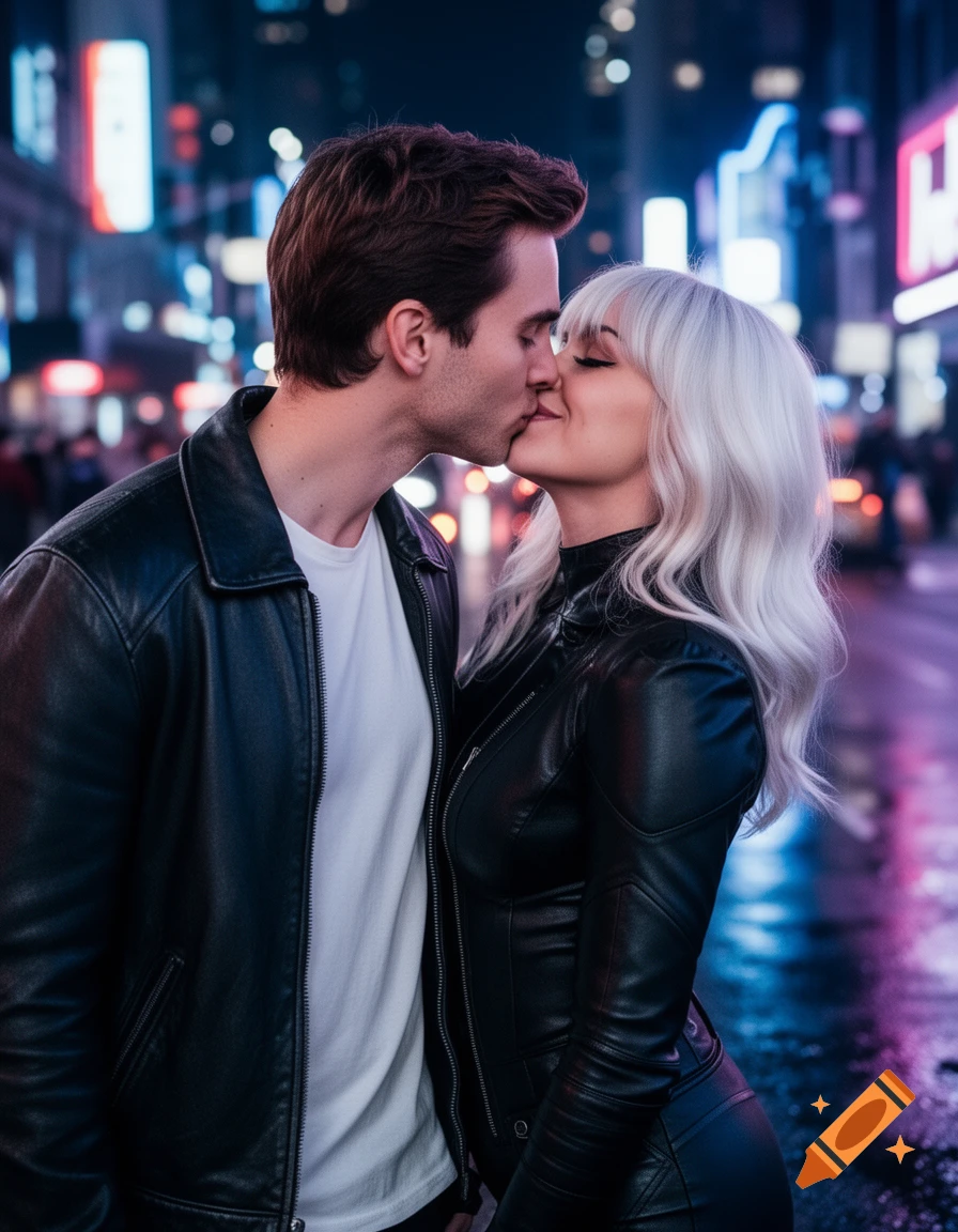 A photorealistic image of a couple kissing on a neon-lit city street at night.