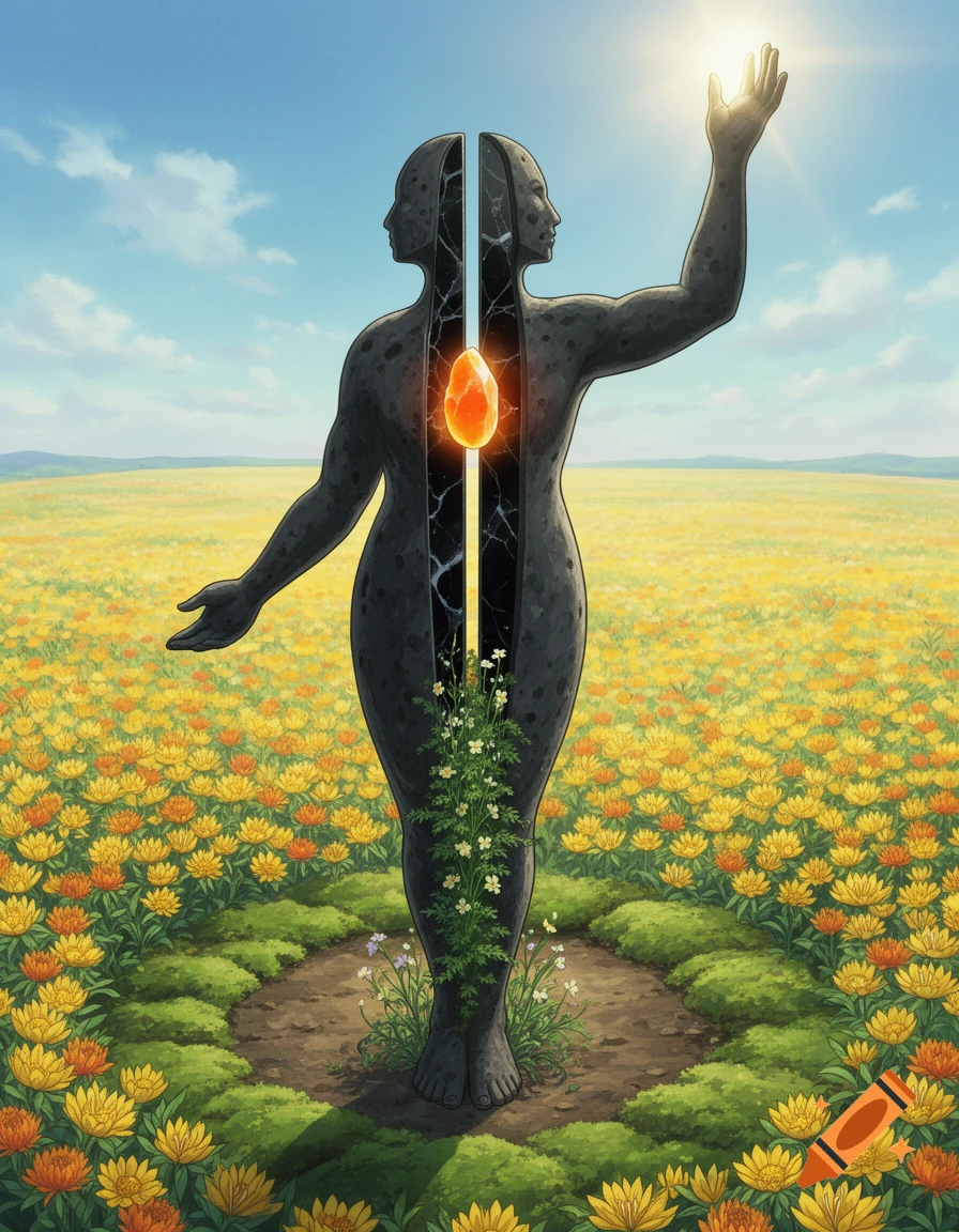 A gender-neutral stone statue, vertically split to reveal a glowing orange crystal heart and flowers, stands in a vibrant field of yellow and orange flowers under a blue sky.