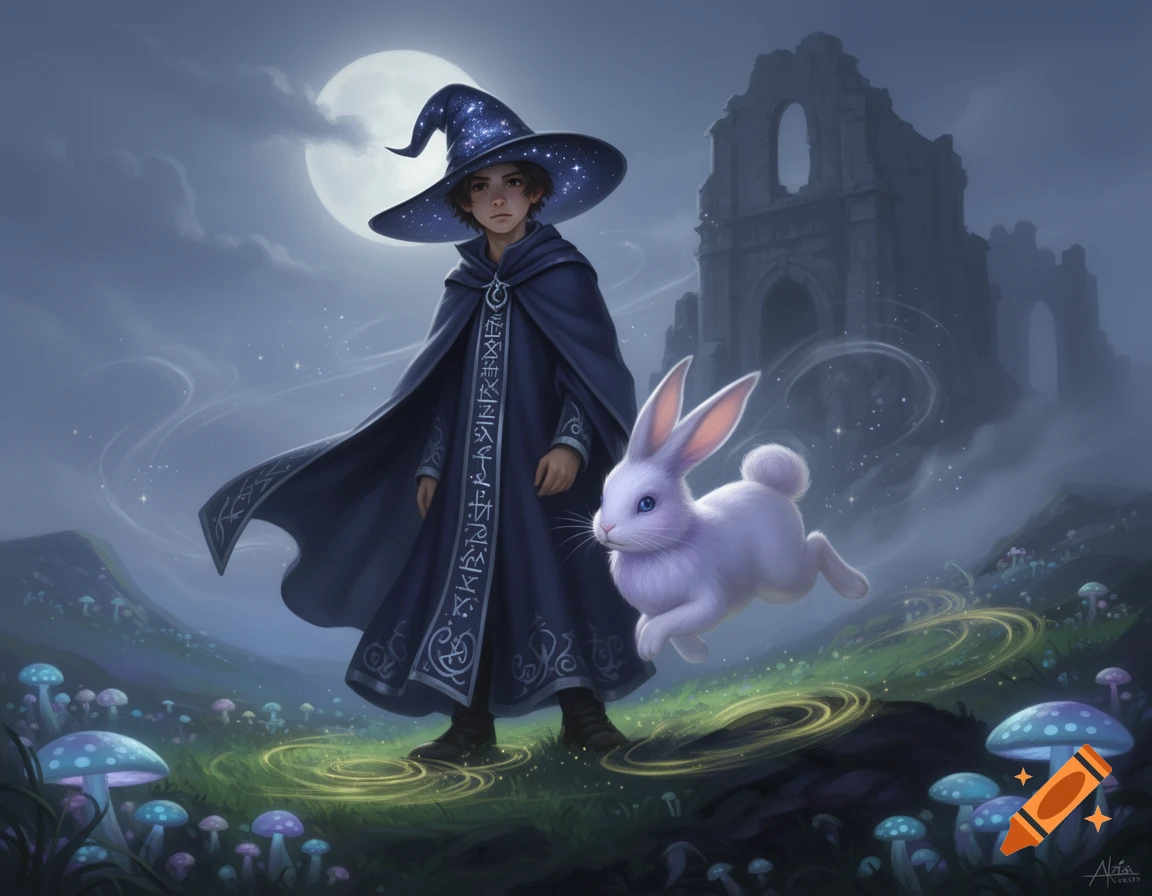A young wizard in a dark blue cloak and starry hat stands with a white rabbit against a full moon, ruined castle, and glowing mushrooms in a magical, misty landscape.