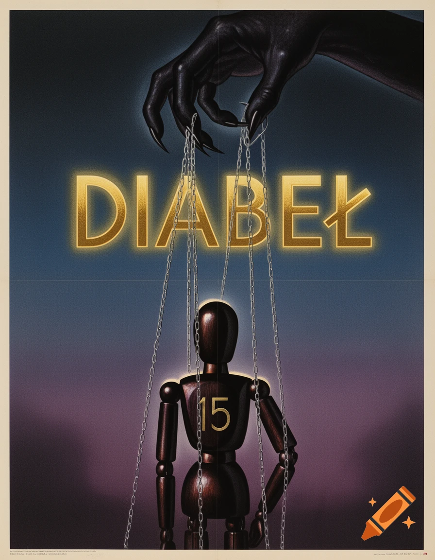 A surreal movie poster featuring a demonic hand controlling a wooden marionette with chains that spell 'DIABEŁ', the marionette marked '15'.