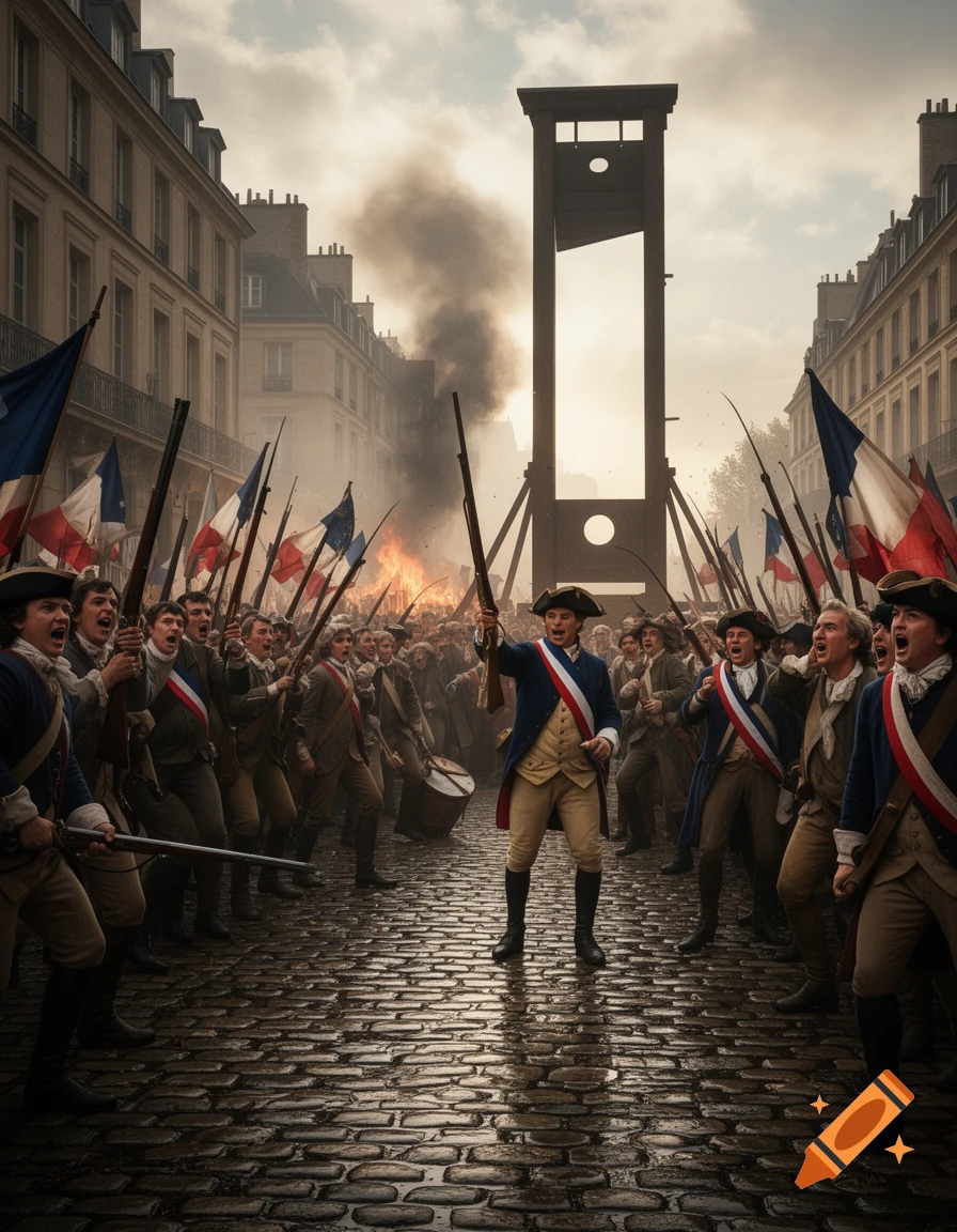 Photorealistic scene of French revolutionaries with rifles and flags shouting on a cobblestone street, with a guillotine and smoke in the background.