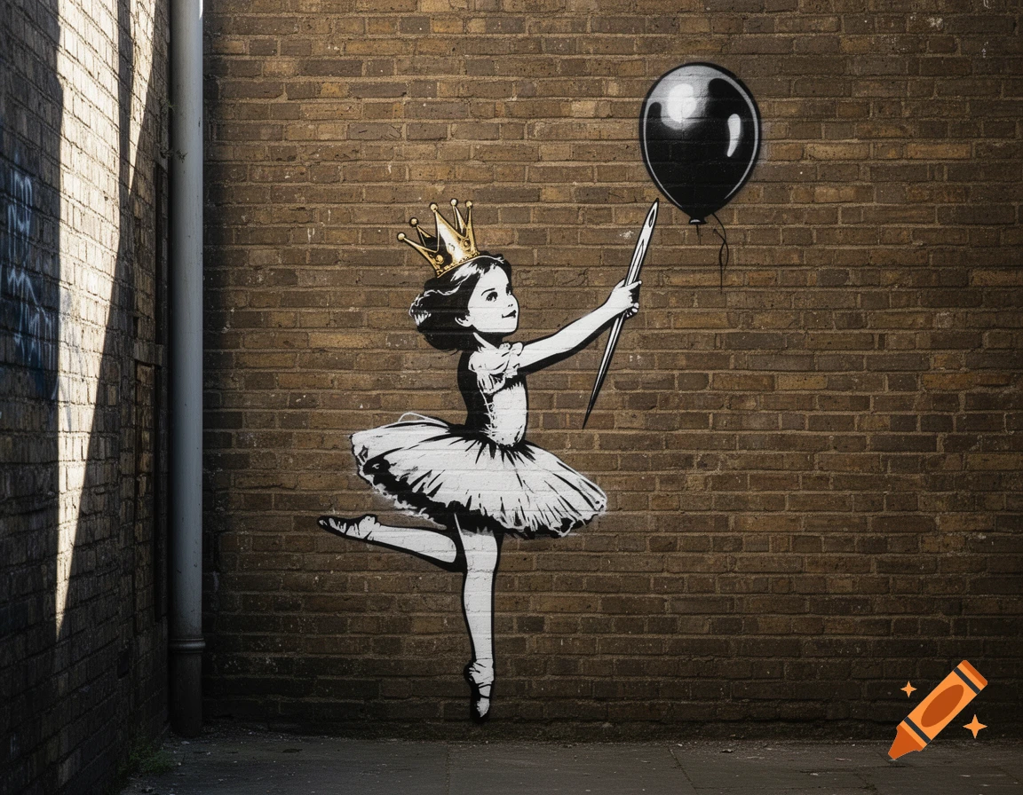 A black and white graffiti stencil of a girl in a crown and tutu on a brick wall, holding an oversized needle to pop a black balloon.