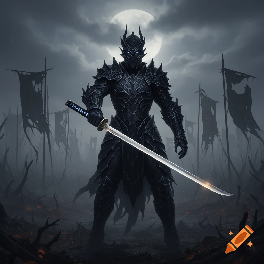 A dark armored fantasy warrior, wearing a spiky helmet, holds a katana under a full moon in a desolate battlefield.