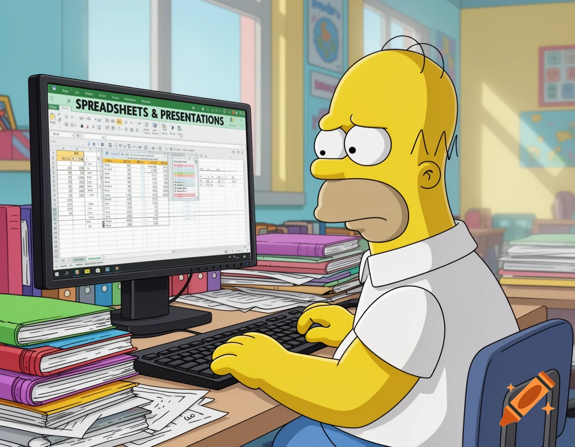Homer Simpson looks stressed at a desk, working on a computer displaying spreadsheets in a colorful cartoon classroom.