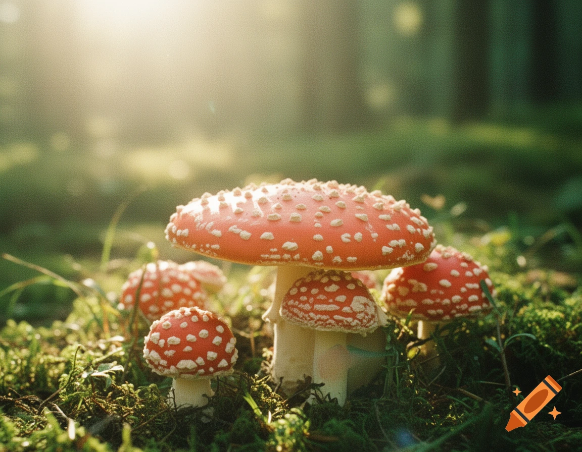 Hyper-realistic close-up of red and white Amanita Muscaria mushrooms on moss in a sunlit forest, with film grain.