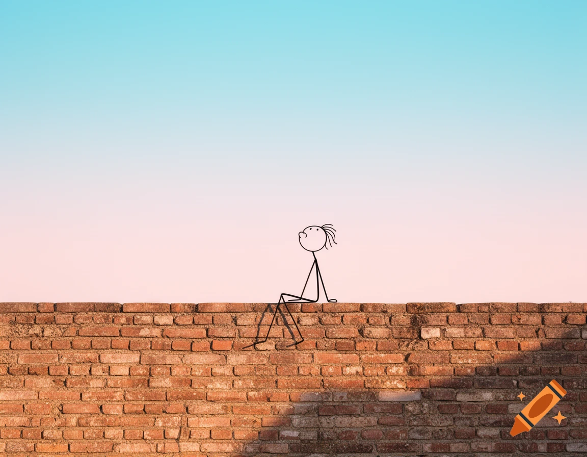 A minimalist stick figure with messy hair sits on a brick wall against a blue and pink sky, looking up.