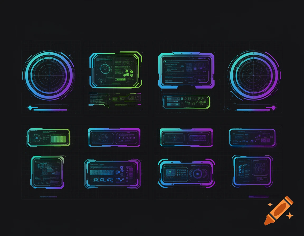 A grid of futuristic sci-fi user interface elements in blue, purple, and green gradients on a dark background.
