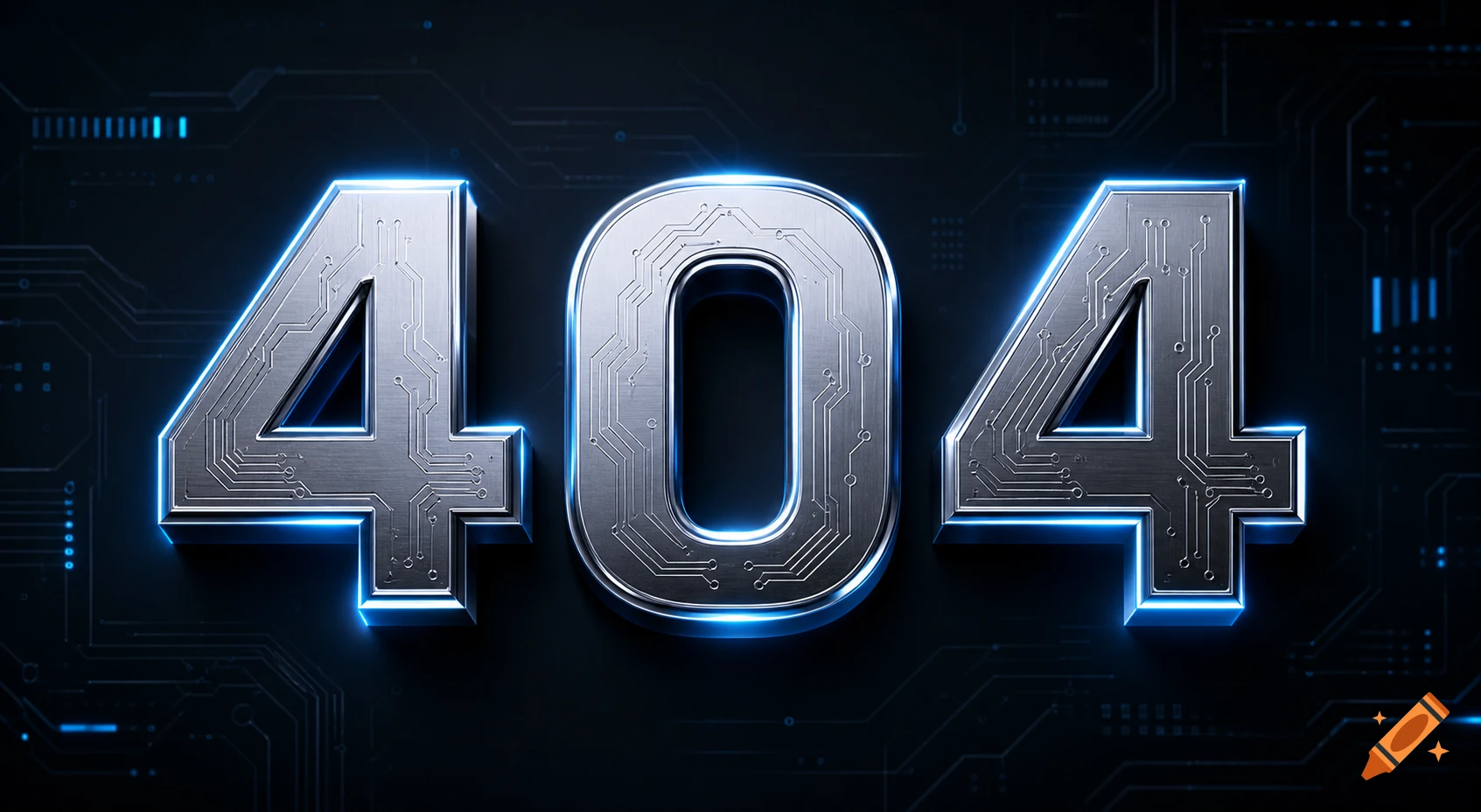 3D metallic numbers '404' with circuit board texture and blue glow against a dark technological background.