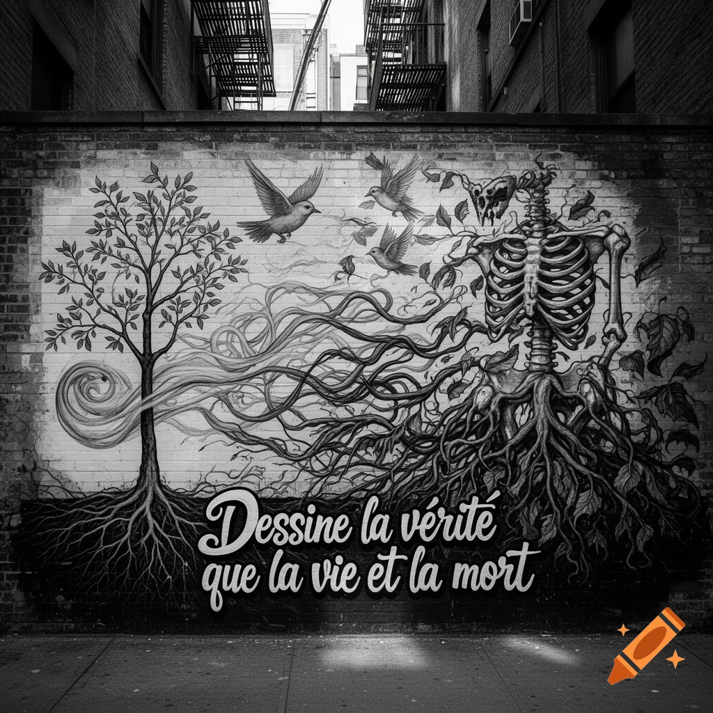 Black and white mural on a brick wall featuring a tree, roots, a skeleton, and birds, with French text about life and death.
