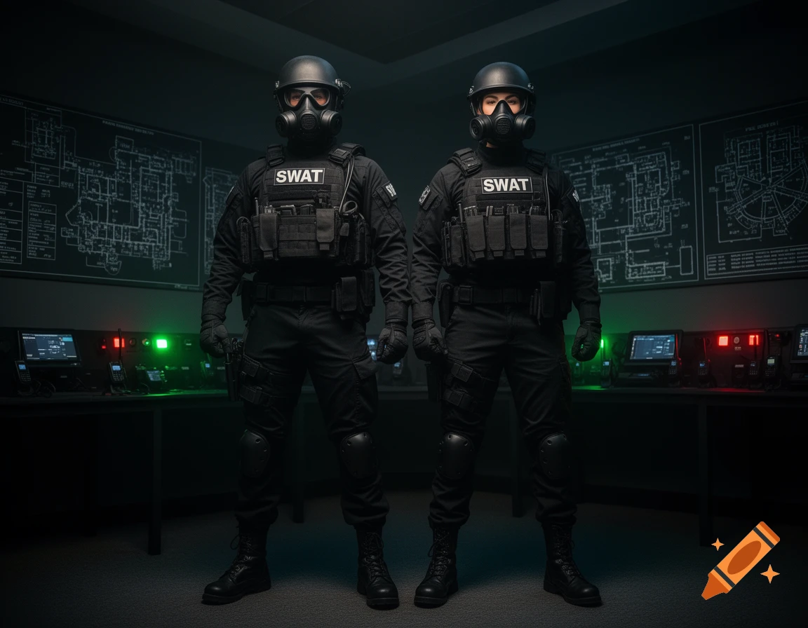 Two SWAT officers in black uniforms, gas masks, and helmets stand in a dimly lit control room with schematics and monitors.