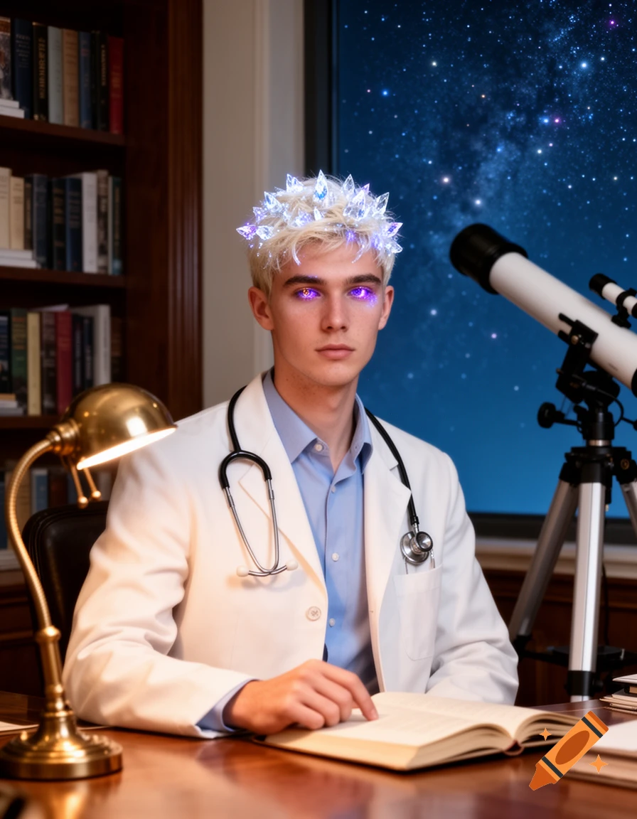 A young man with glowing purple eyes and a crystal crown, wearing a doctor's coat, sits at a desk with an open book. A telescope and a starry night sky are visible behind him.