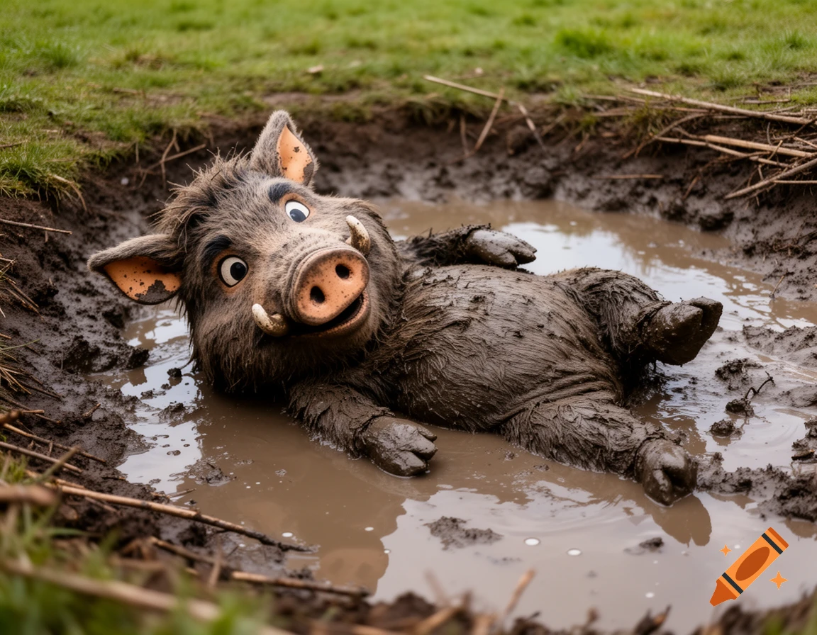 A mud-covered cartoon boar mascot costume lies on its back in a muddy pit outdoors, looking up.