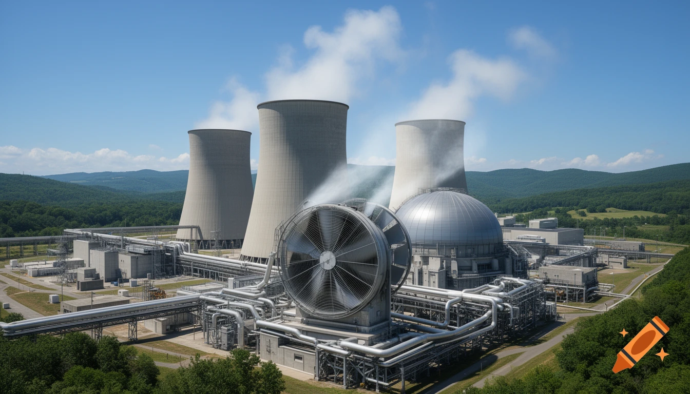 Photorealistic aerial view of a nuclear power plant with three cooling towers, a domed reactor, and a giant fan, surrounded by green hills.