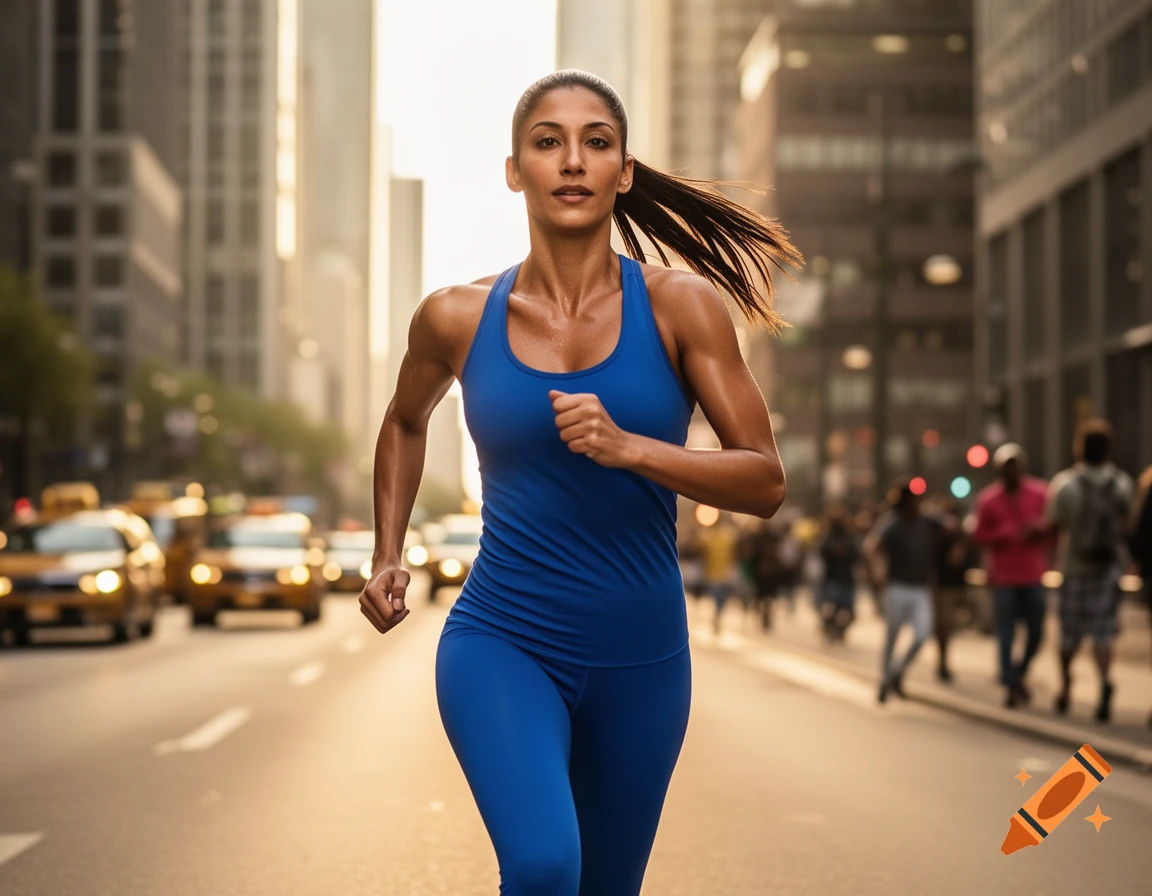A determined woman in a blue tank top and leggings runs down a sunlit city street with cars and buildings in the background.
