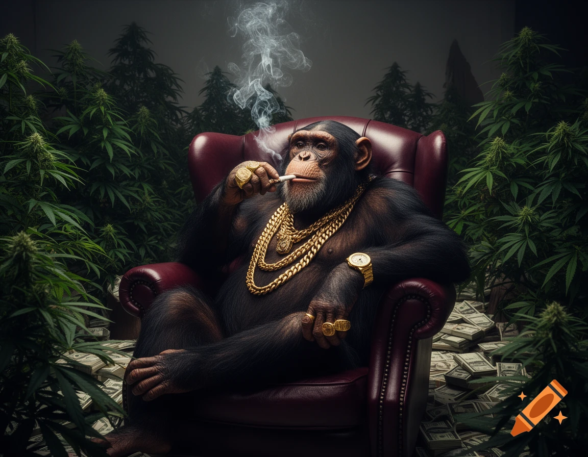 A hyperrealistic chimpanzee in a luxurious armchair, smoking a joint, adorned with gold chains, surrounded by marijuana plants and money.