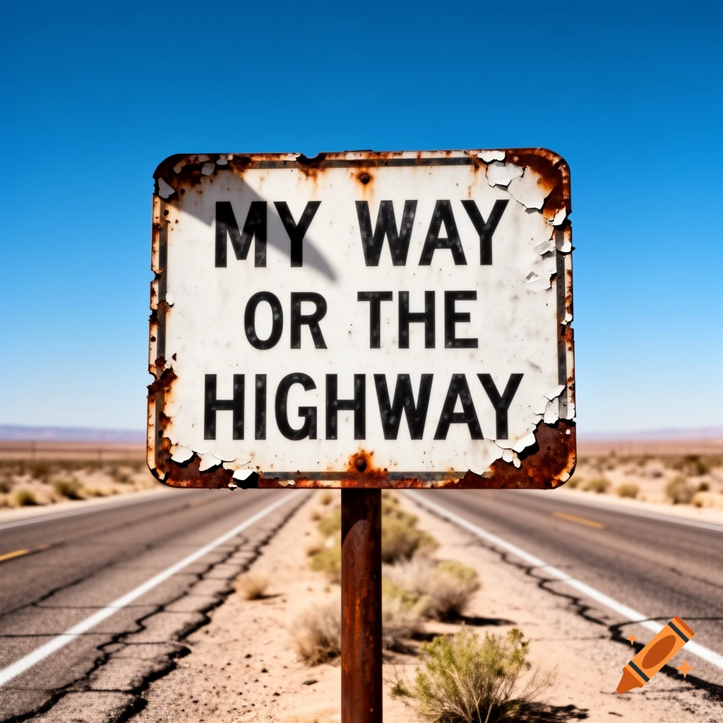 A weathered road sign in a desert landscape reads 'MY WAY OR THE HIGHWAY' under a clear blue sky.