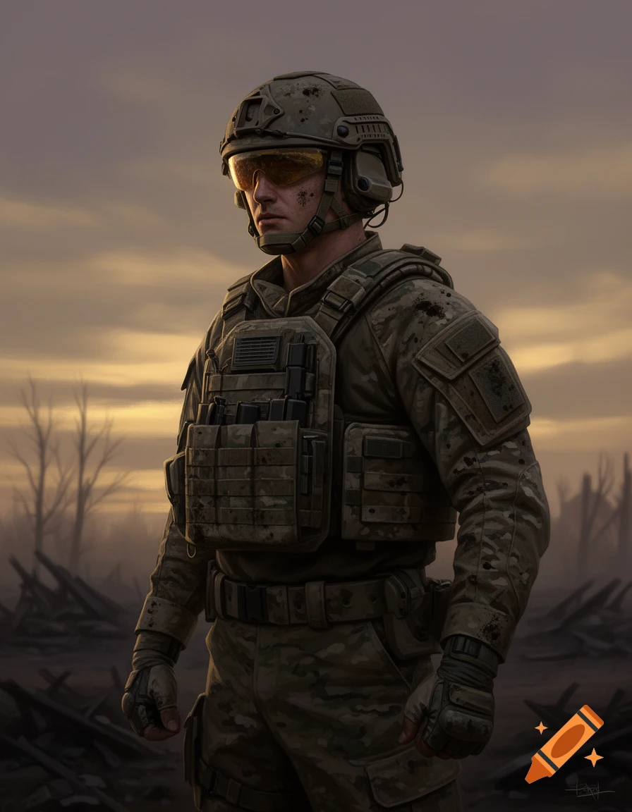 Male soldier in camouflage tactical gear with helmet and yellow visor stands in a desolate, war-torn landscape. Digital art.