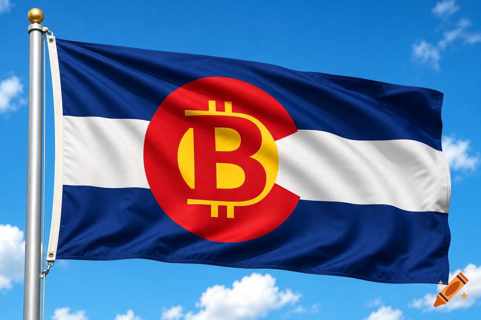 A vibrant Colorado state flag flying against a blue sky with white clouds, featuring a yellow Bitcoin symbol replacing the red 'C' in the center.