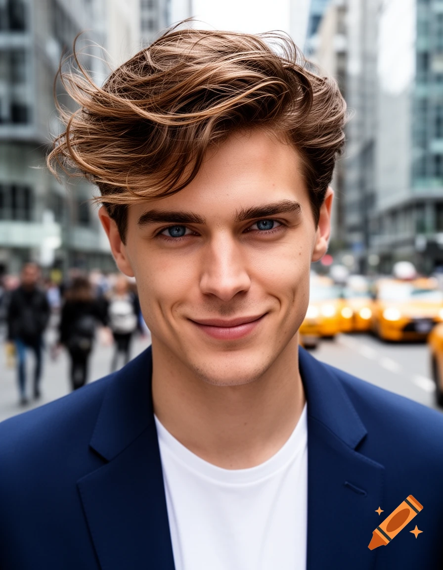 A smiling young man with brown wavy hair and blue eyes wears a navy blue blazer and white t-shirt, standing on a city street with blurred yellow cabs in the background. Photorealistic style.