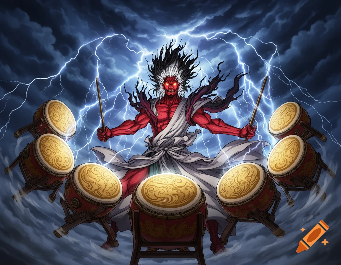 Red-skinned Raijin, the Japanese god of thunder, beats eight taiko drums as lightning flashes in a stormy sky, digital art.