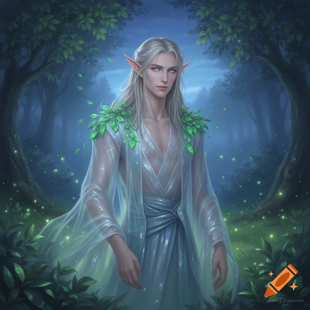 A slender male elf with long white hair and blue eyes, wearing a sheer, leafy gown, stands in a magical forest at dusk. Digital painting.