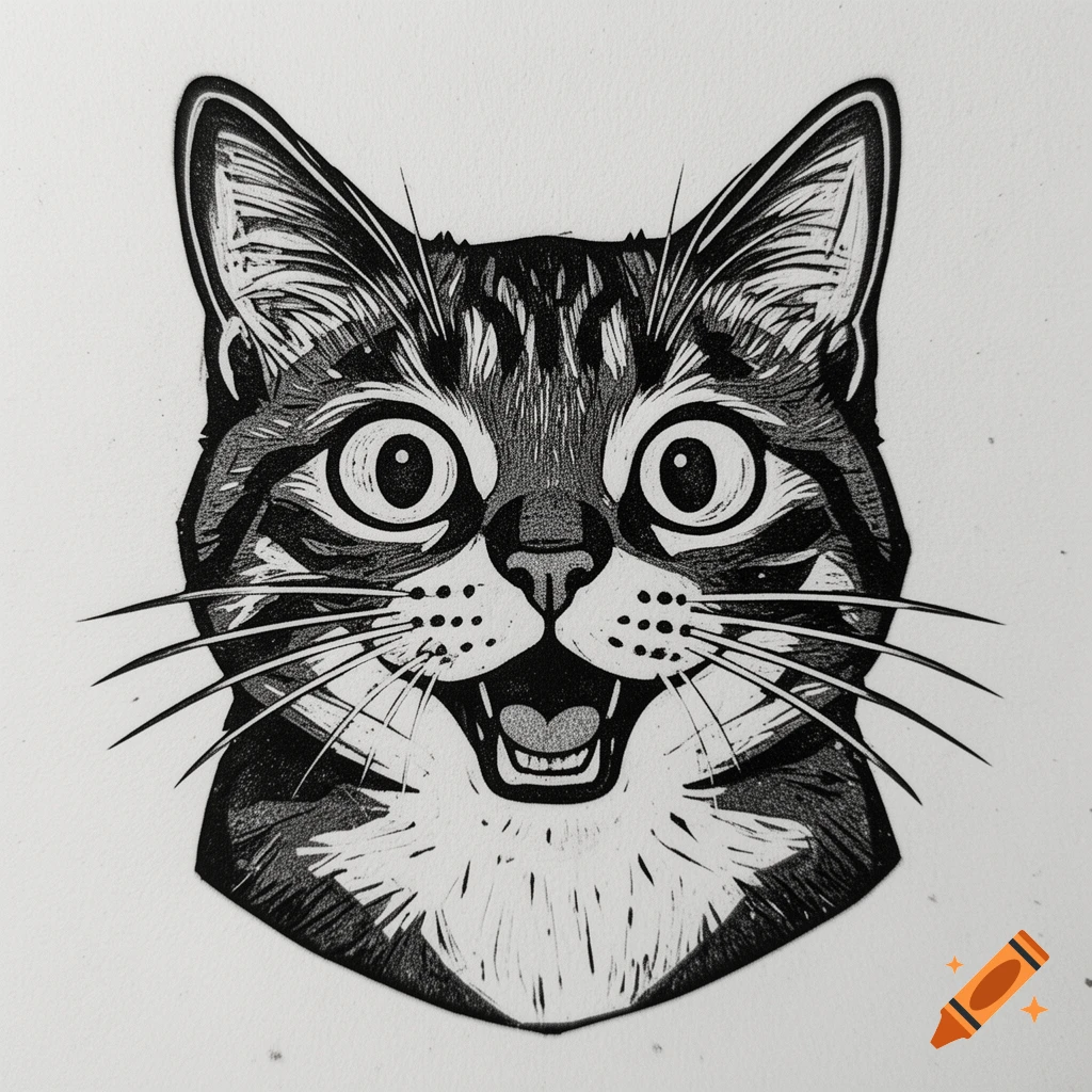 A black and white linocut print depicts a surprised cat's face with wide eyes and an open mouth.