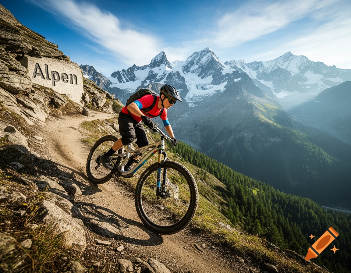 A mountain biker descends a rocky trail with 'Alpen' carved into a rock, overlooking snow-capped mountains.