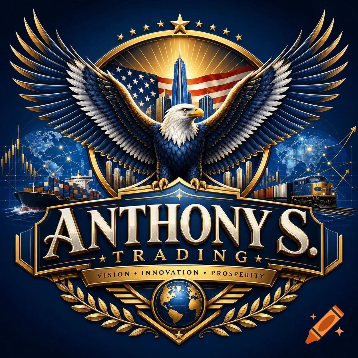 An ornate logo featuring a spread-winged eagle, an American flag, a city skyline, and a globe, with the text "ANTHONY S. TRADING" and "VISION INNOVATION PROSPERITY".