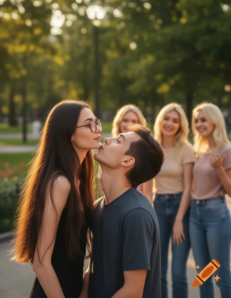 A brunette woman in glasses leans down to kiss a man in a park, with three blurred blonde women watching in the background.