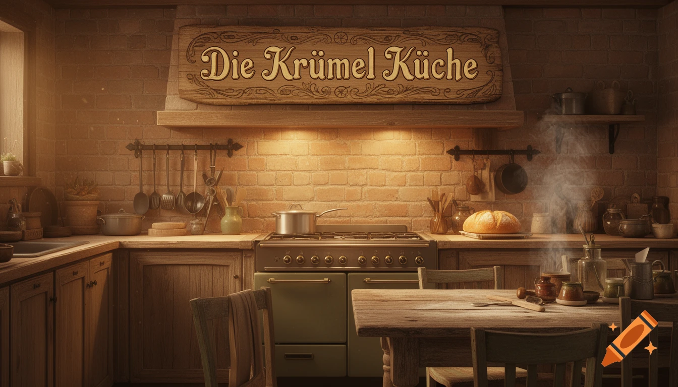 A rustic kitchen with brick walls, wooden cabinets, a green stove with a pot, and a wooden sign above reading "Die Krümel Küche".