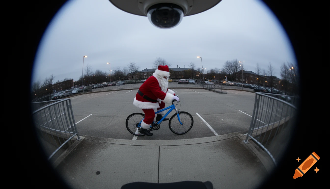 Santa Claus rides a blue bicycle across a parking lot, captured from above by a fisheye security camera.