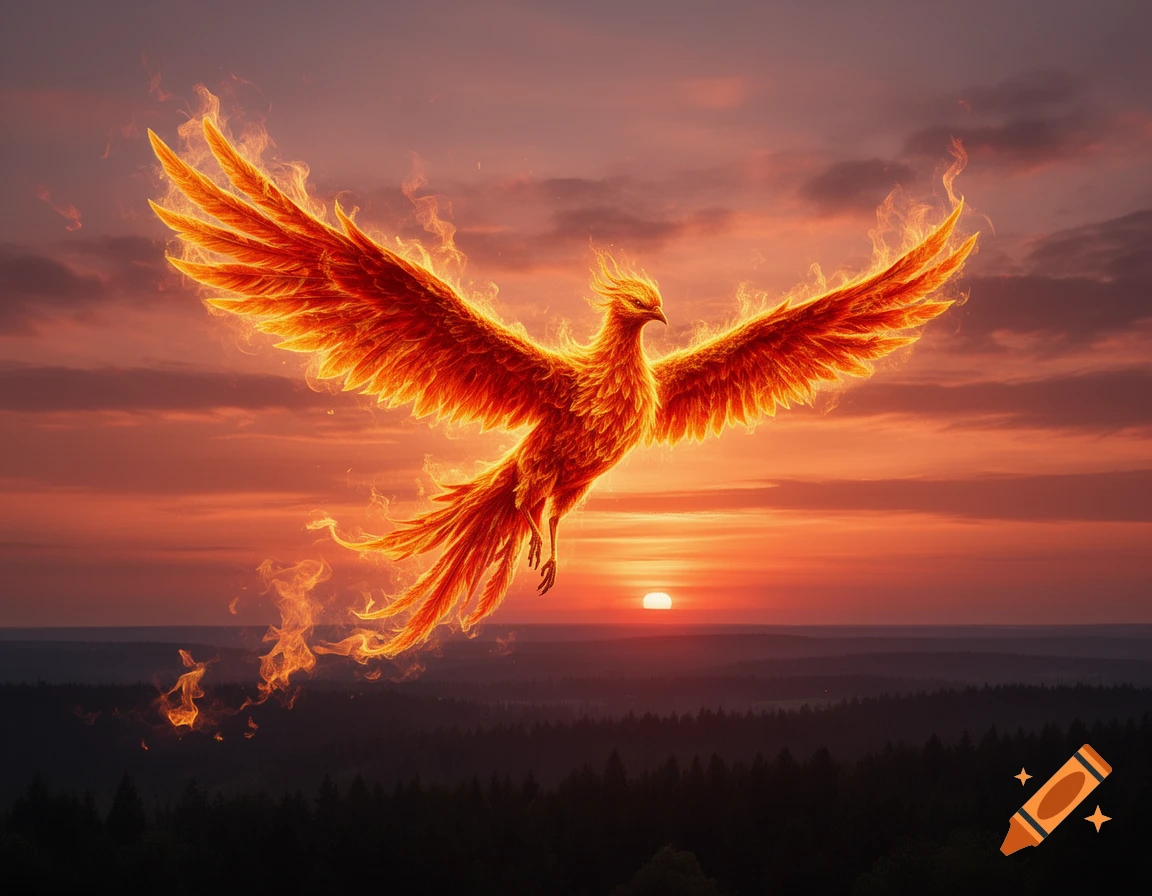 A magnificent fiery phoenix with outstretched wings flies across a vibrant orange and purple sunset sky over a dark forest.