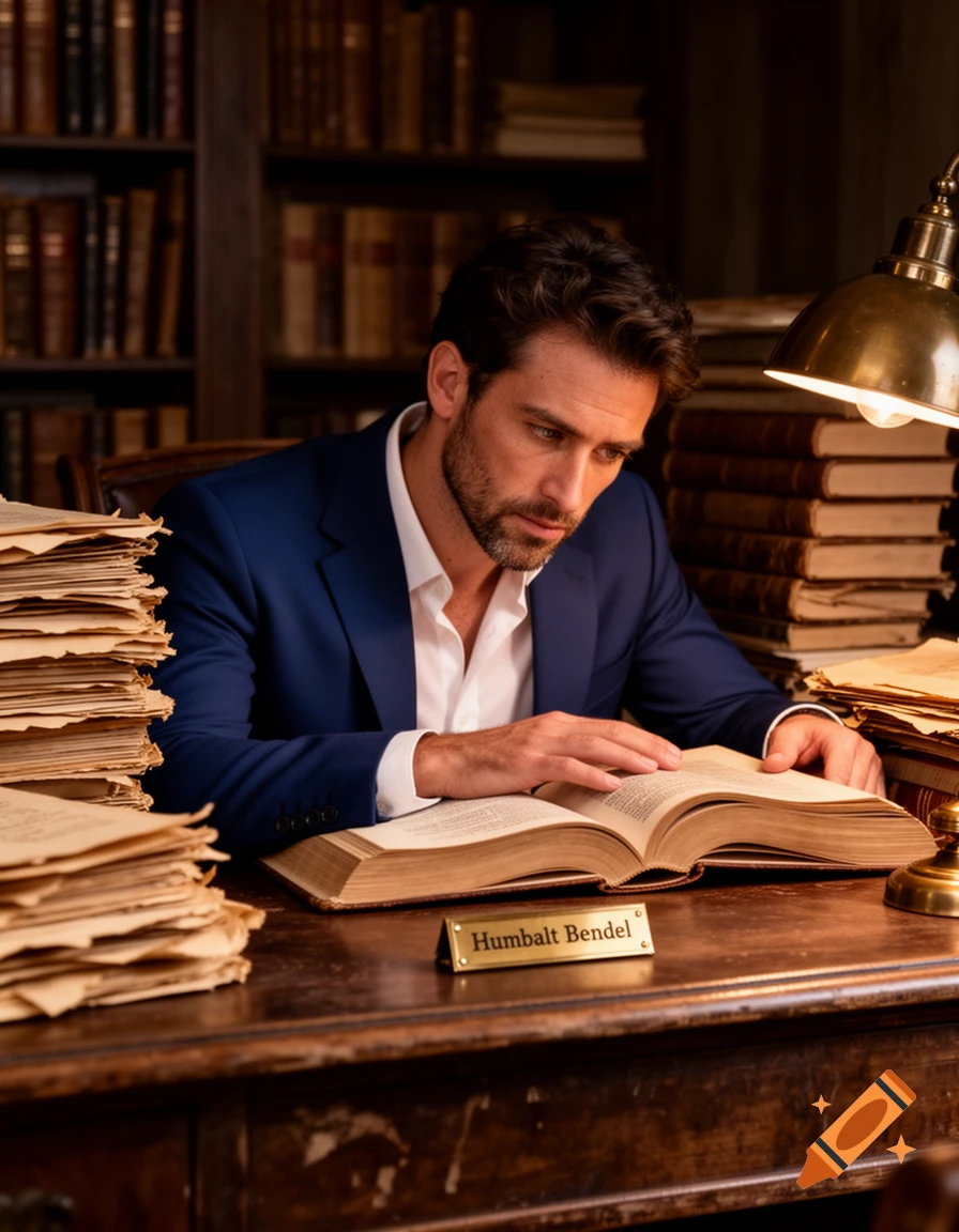A man with a beard, wearing a blue suit, reads a book at a wooden desk with a 'Humbalt Bendel' nameplate in a library.