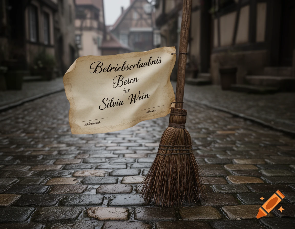 A broom with a paper operating license attached to its handle stands on a wet cobblestone street in a medieval European town.