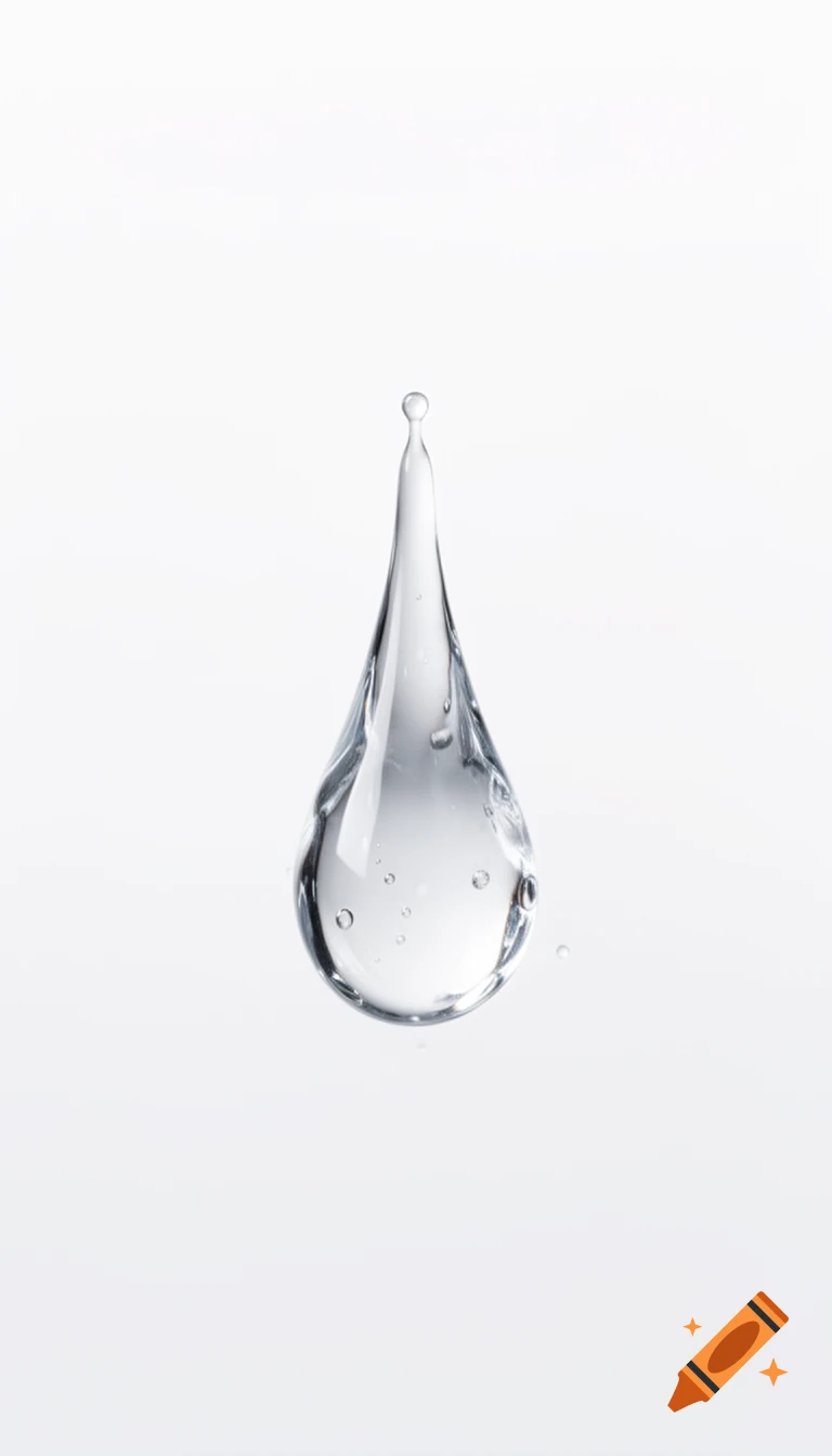 A photorealistic clear water droplet with small bubbles against a pure white background.
