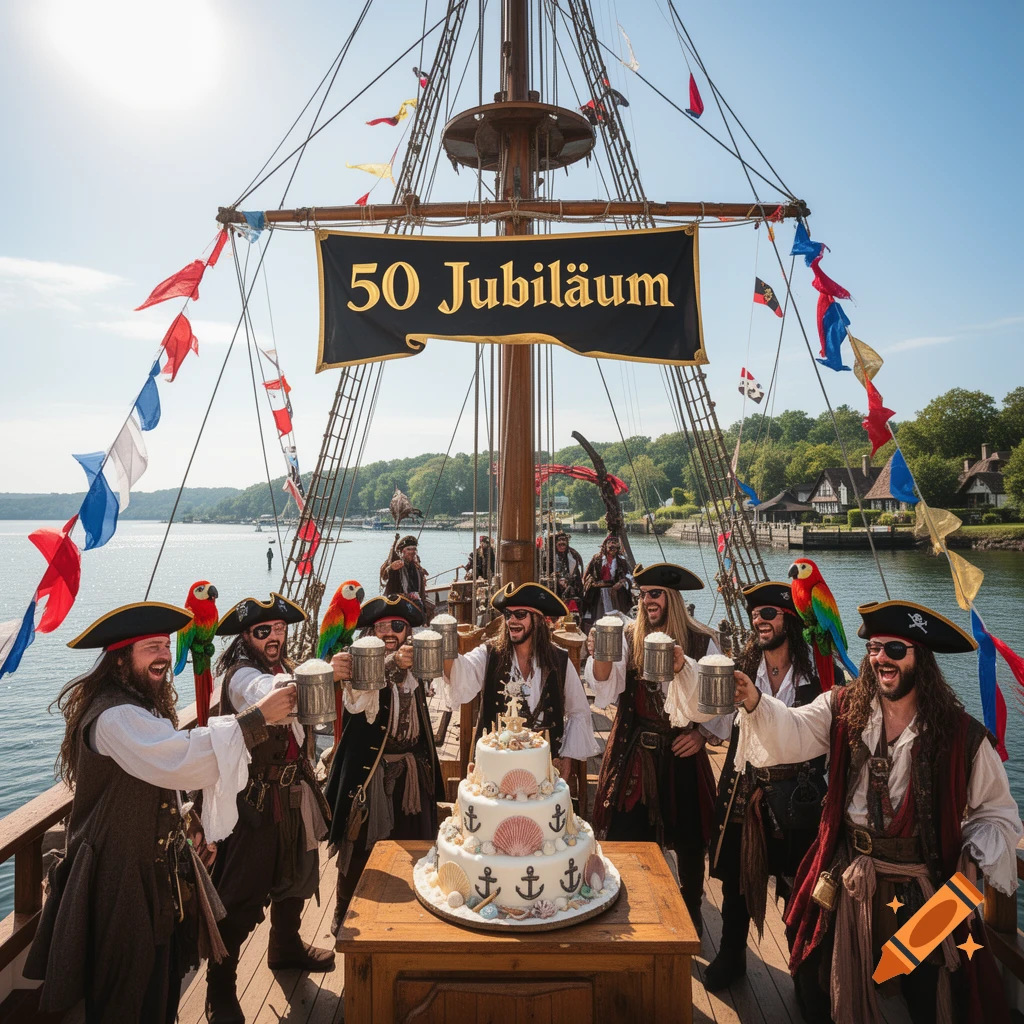 Pirates celebrate on a ship with mugs and a cake, beneath a banner reading '50 Jubiläum' on a sunny day.