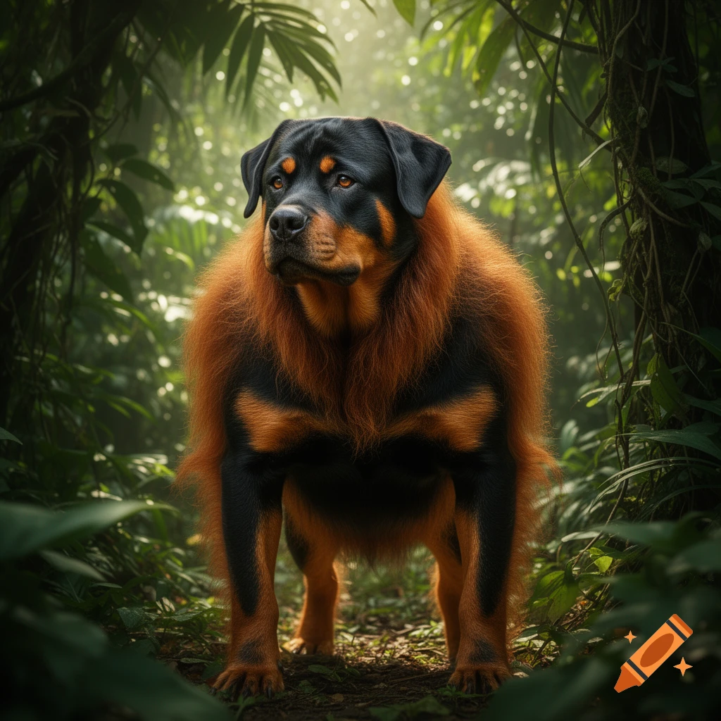 A majestic rottweiler-orangutan hybrid stands in a lush, sunlit jungle.