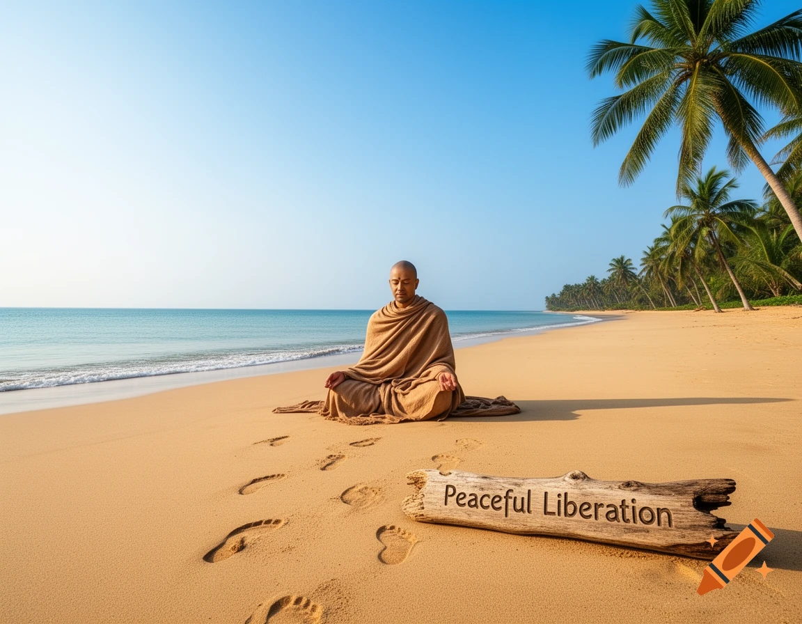 A monk meditates on a sandy beach with palm trees, the ocean, and a piece of driftwood inscribed "Peaceful Liberation".