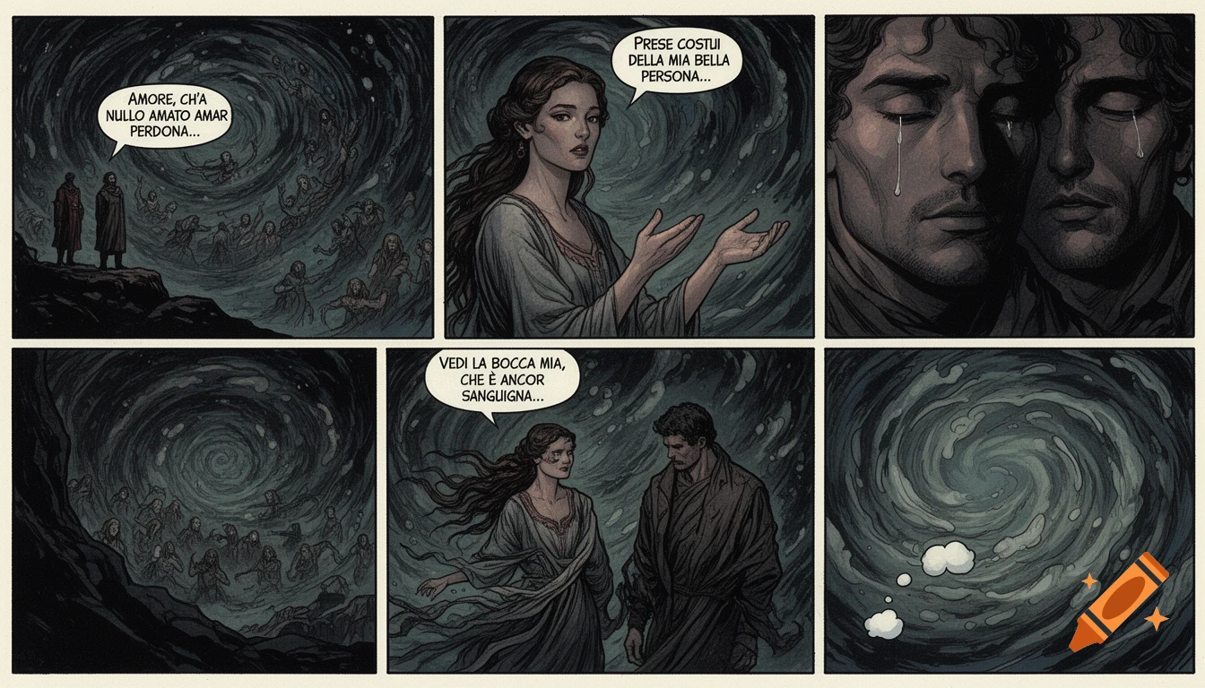 Six-panel dark comic depicting Dante's Inferno, showing swirling souls, Francesca speaking, and a weeping Paolo, in a graphic novel style.