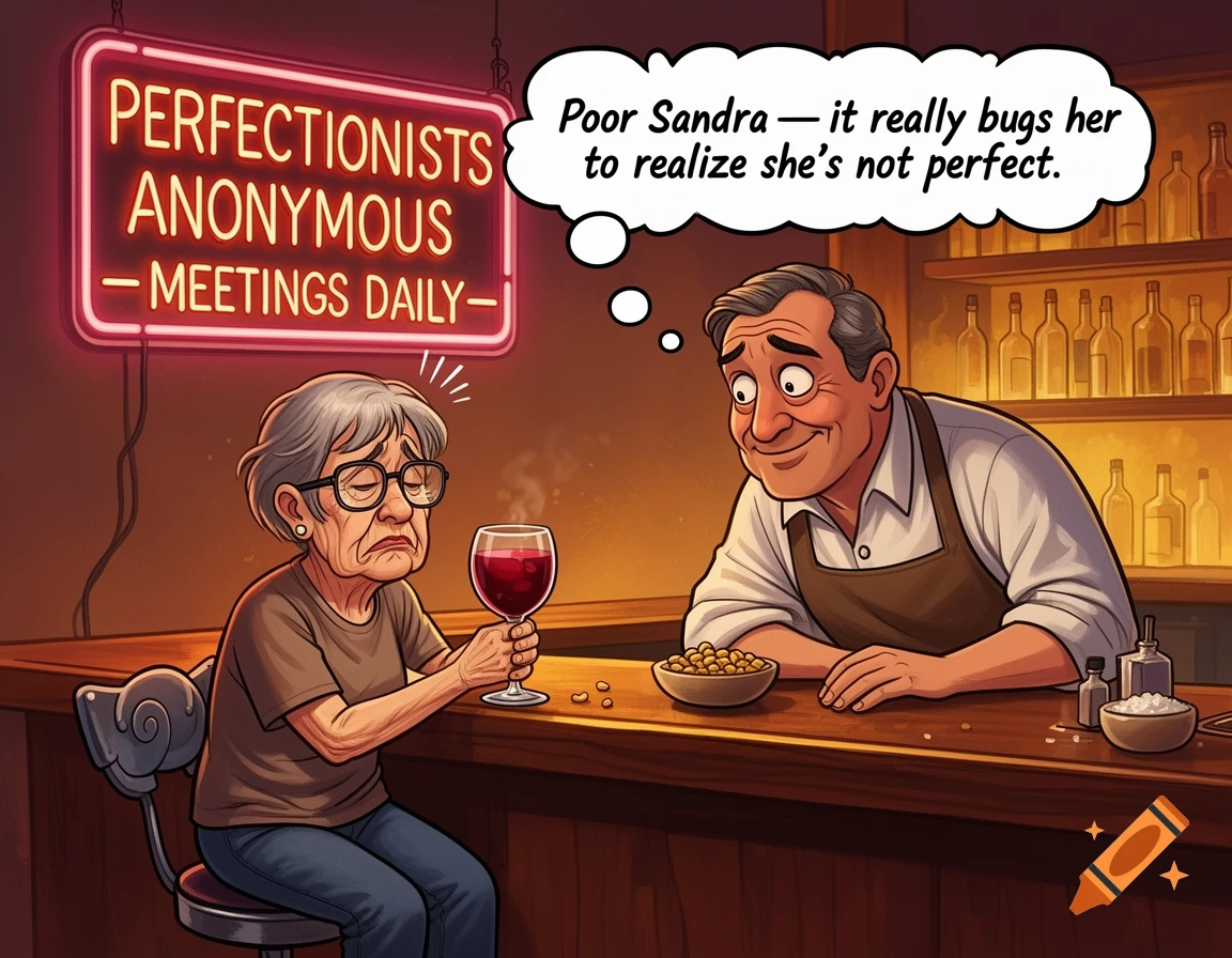 A dejected older woman in glasses drinks wine at a bar, while a smiling bartender thinks, "Poor Sandra - it really bugs her to realize she's not perfect." A neon sign reads "Perfectionists Anonymous - Meetings Daily" in this expressive cartoon.