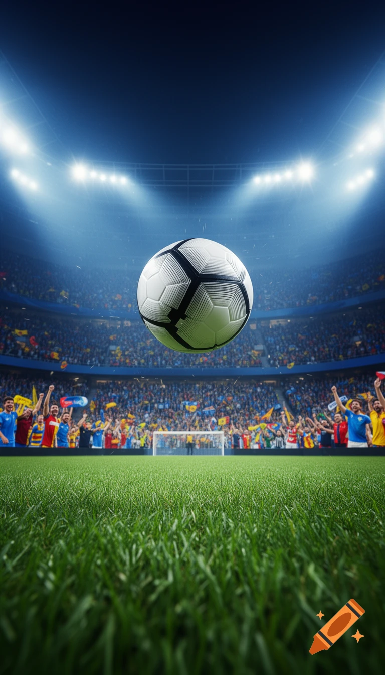 A white and black soccer ball floats above a green field in a brightly lit stadium packed with cheering fans.